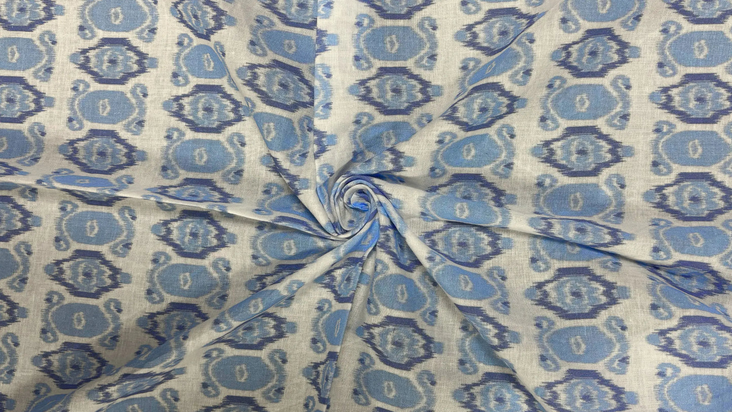 Off-White and Blue Cotton Ikat Print Fabric (Per Meter)