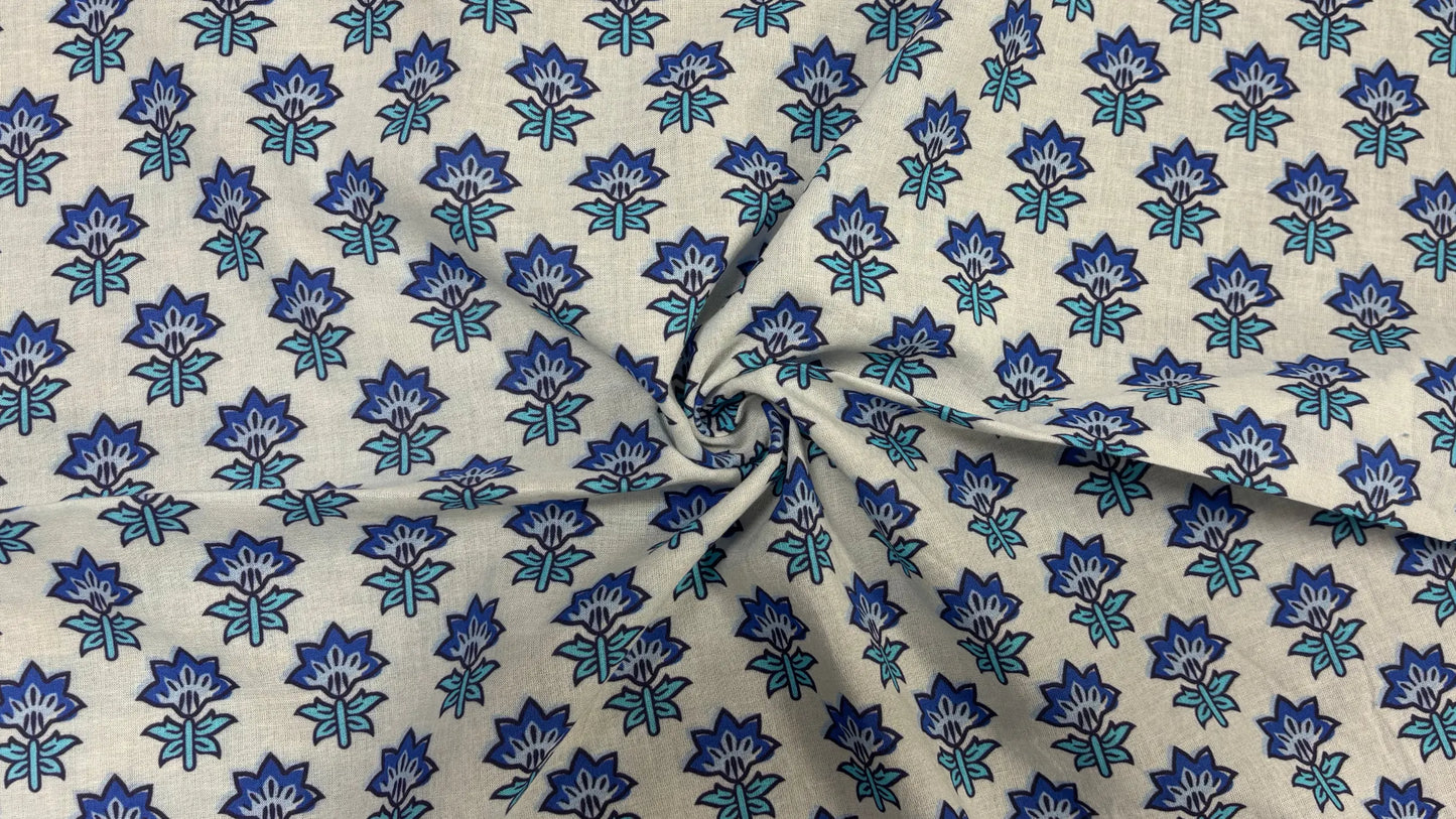 Off-White Cotton Cambric Block Print Fabric with Blue Floral Motif (Per Meter)