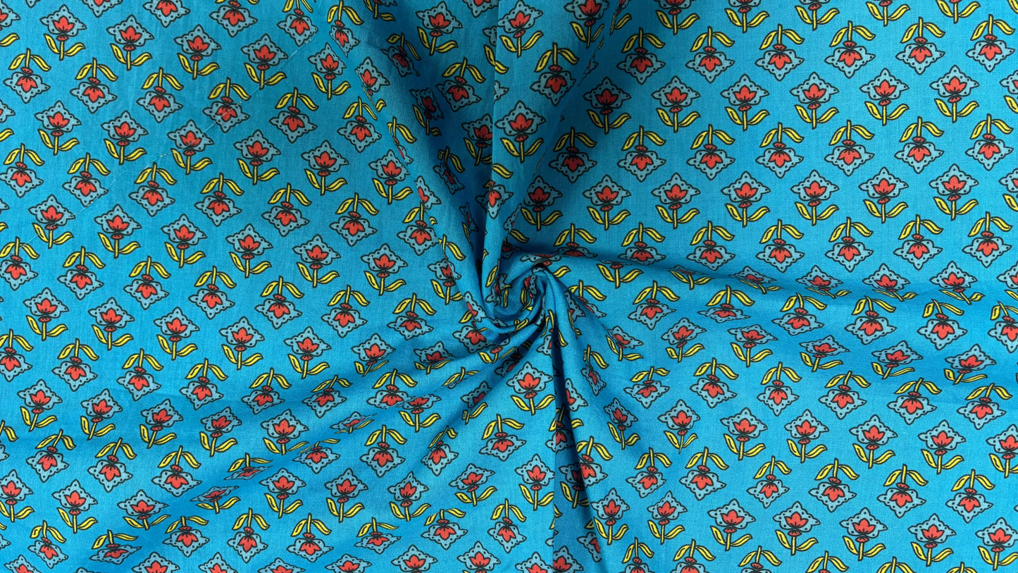 Blue Cotton Cambric Block Print Fabric with Red & Yellow Floral Motif (Per Meter)