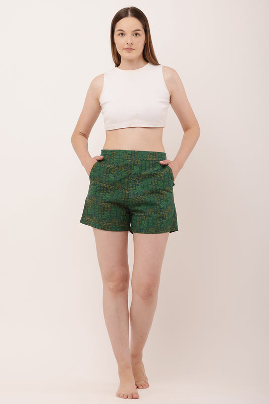Women Shorts Green Geometric Print | Gwadi's