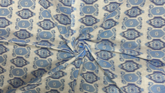 Off-White and Blue Cotton Ikat Print Fabric (Per Meter)
