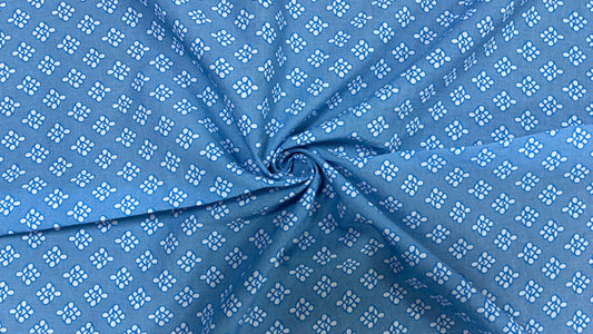 Blue Cotton Cambric Block Print Fabric with White Floral Buti (Per Meter)