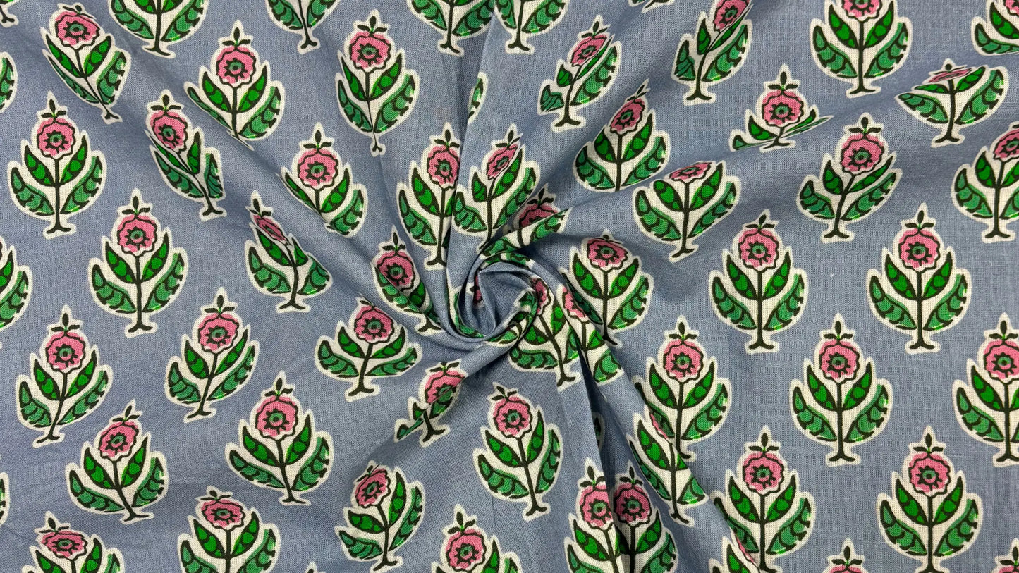 Grey Cotton Cambric Block Print Fabric with Pink &amp; Green Floral Motif (Per Meter)