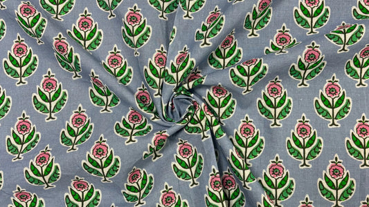 Grey Cotton Cambric Block Print Fabric with Pink &amp; Green Floral Motif (Per Meter)