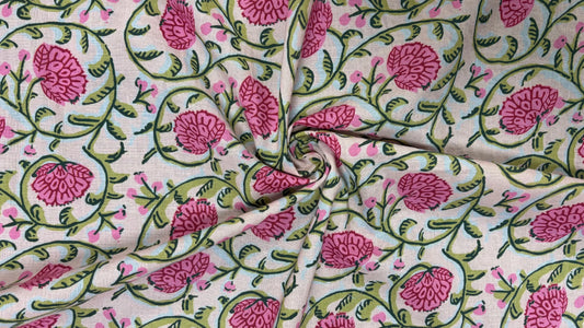 Beige Cotton Cambric Block Print Fabric with Pink Floral Vine Design (Per Meter)