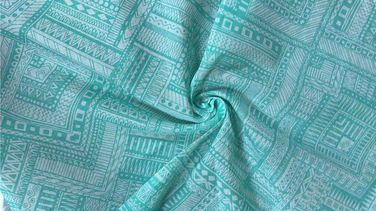 Aqua Tribal Geometric Print Pure Cotton Fabric – (per Meter)