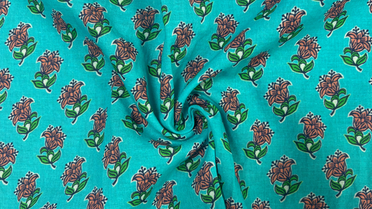 Turquoise Cotton Cambric Block Print Fabric with Floral Motif (Per Meter)