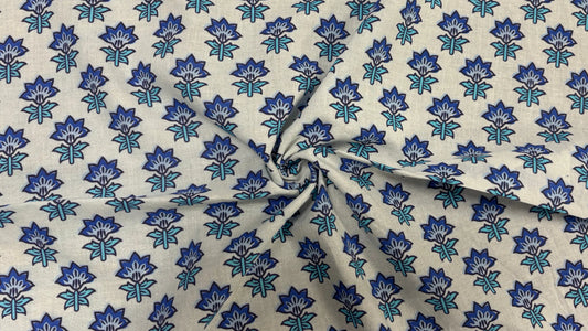 Off-White Cotton Cambric Block Print Fabric with Blue Floral Motif (Per Meter)