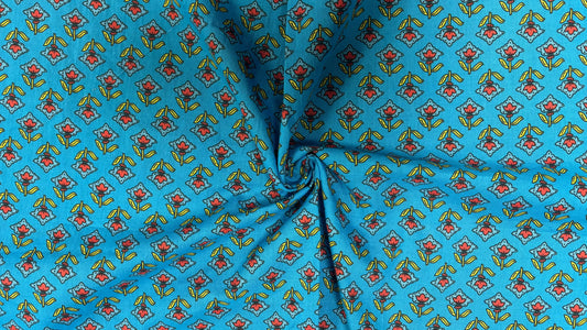 Blue Cotton Cambric Block Print Fabric with Red & Yellow Floral Motif (Per Meter)