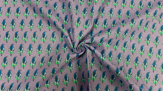 Grey Cotton Cambric Block Print Fabric with Blue-Green Leaf Motif (Per Meter)